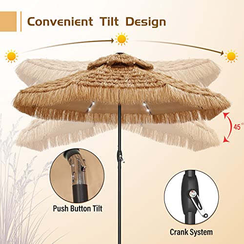 GDY 10FT 40 LED Hula Thatched Tiki Umbrella, Hawaiian Style Beach Patio Umbrellas with Center Light for Patio Garden Beach Pool Backyard