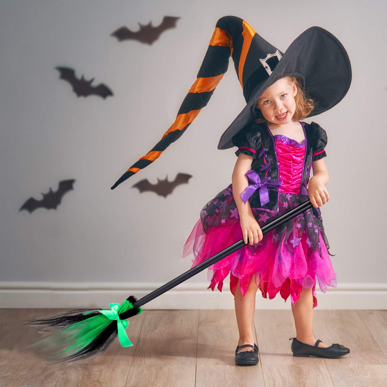 4 Pieces 32 Inch Halloween Witch Broom Kids Plastic Witch Broomstick Halloween Wizard Flying Stick Cosplay Costume Party Supplies Photo Booth Witch Broom Accessory, 4 Colors