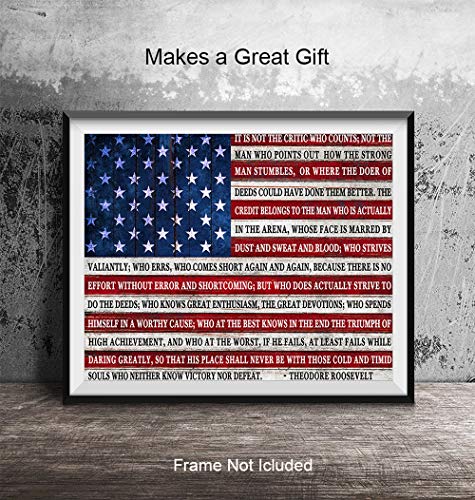 Teddy Roosevelt Man in the Arena Quote Poster Print - 8x10 Daring Greatly Wall Art Room Decor - Unique Inspirational Motivational Gift - Patriotic American Flag Plaque - Unframed