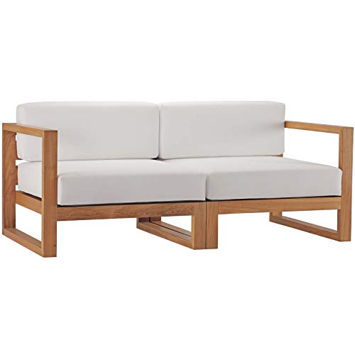 Modway EEI-4256-NAT-WHI-SET Upland Patio Teak Wood 2-Piece Sectional Sofa Loveseat, Natural White