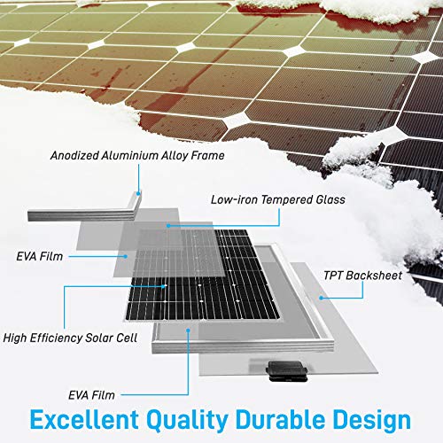 SereneLife 100W 12V Monocrystalline Portable Easy Mono Solar Panel Starter Kit w/ 3 ft 11AWG Cable Set-for Van, Campers, Golf Cart, Car Roof, Boat SLSPNL10