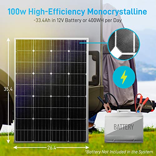 SereneLife 100W 12V Monocrystalline Portable Easy Mono Solar Panel Starter Kit w/ 3 ft 11AWG Cable Set-for Van, Campers, Golf Cart, Car Roof, Boat SLSPNL10