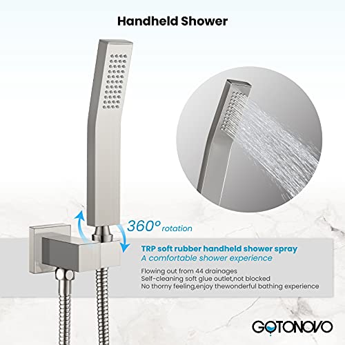 gotonovo 10" Rainfall Shower Head Shower Faucet Set Brushed Nickel Wall Mount Bathroom Shower System with Tub Spout Square High Pressure with Hand Sprayer Rough-In Valve