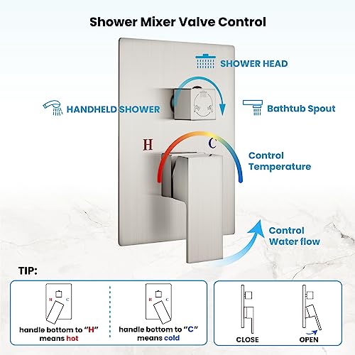 gotonovo 10" Rainfall Shower Head Shower Faucet Set Brushed Nickel Wall Mount Bathroom Shower System with Tub Spout Square High Pressure with Hand Sprayer Rough-In Valve