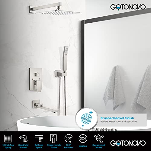 gotonovo 10" Rainfall Shower Head Shower Faucet Set Brushed Nickel Wall Mount Bathroom Shower System with Tub Spout Square High Pressure with Hand Sprayer Rough-In Valve