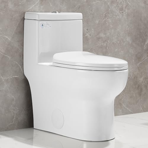 DeerValley DV-1F026 Ally Dual Flush Elongated Standard One Piece Toilet with Comfortable Seat Height, Soft Close Seat Cover, High-Efficiency Supply, and White Finish Toilet Bowl (White Toilet)