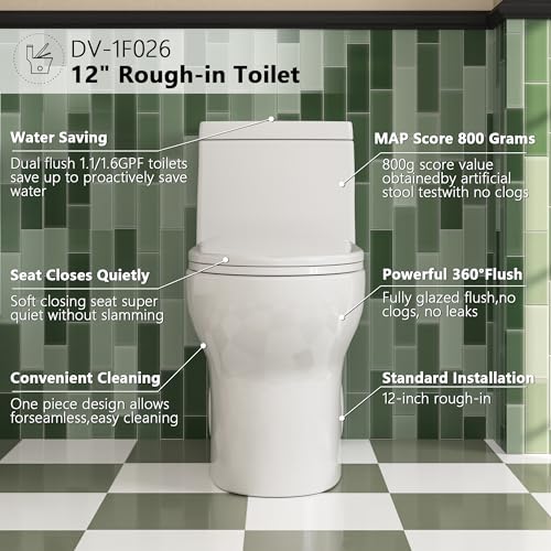 DeerValley DV-1F026 Ally Dual Flush Elongated Standard One Piece Toilet with Comfortable Seat Height, Soft Close Seat Cover, High-Efficiency Supply, and White Finish Toilet Bowl (White Toilet)