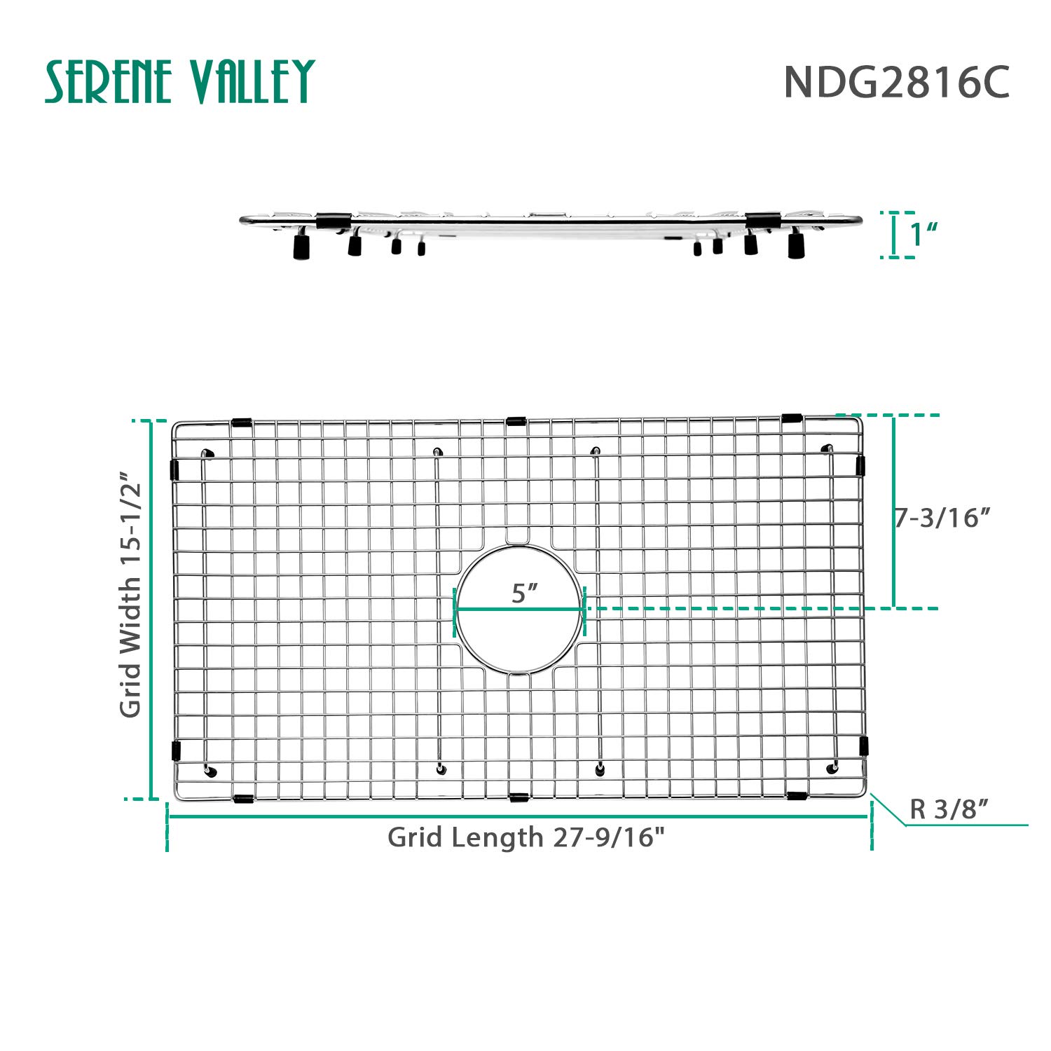 Serene Valley Sink Bottom Grid 27-9/16" X 15-1/2", Centered Drain with Corner Radius 3/8", Sink Protector NDG2816C