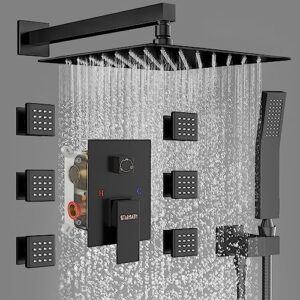 starbath matte black shower system with rain shower and handheld shower head, 12 inch wall mounted shower faucet rough-in mixer valve and trim included shower combo set (/ with body jets)