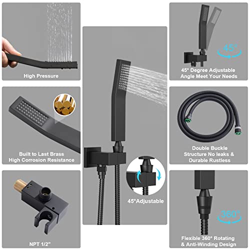 STARBATH Matte Black Shower System with Rain Shower and Handheld Shower Head, 12 Inch Wall Mounted Shower Faucet Rough-in Mixer Valve and Trim Included Shower Combo Set (/ with Body Jets)