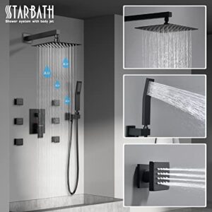 STARBATH Matte Black Shower System with Rain Shower and Handheld Shower Head, 12 Inch Wall Mounted Shower Faucet Rough-in Mixer Valve and Trim Included Shower Combo Set (/ with Body Jets)