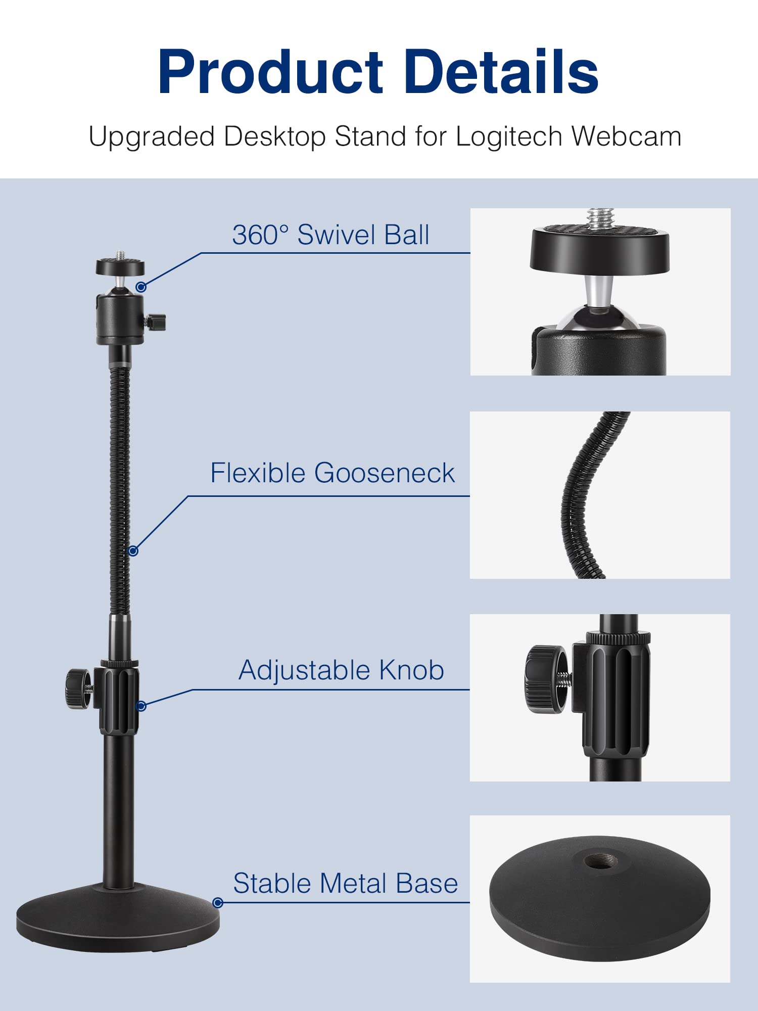 Puroma Webcam Stand Goose-Neck Mount Stand Upgraded Desktop Stand for Logitech Webcam C922 C930e C920S C920 C615 and Other Webcam with 1/4" Thread