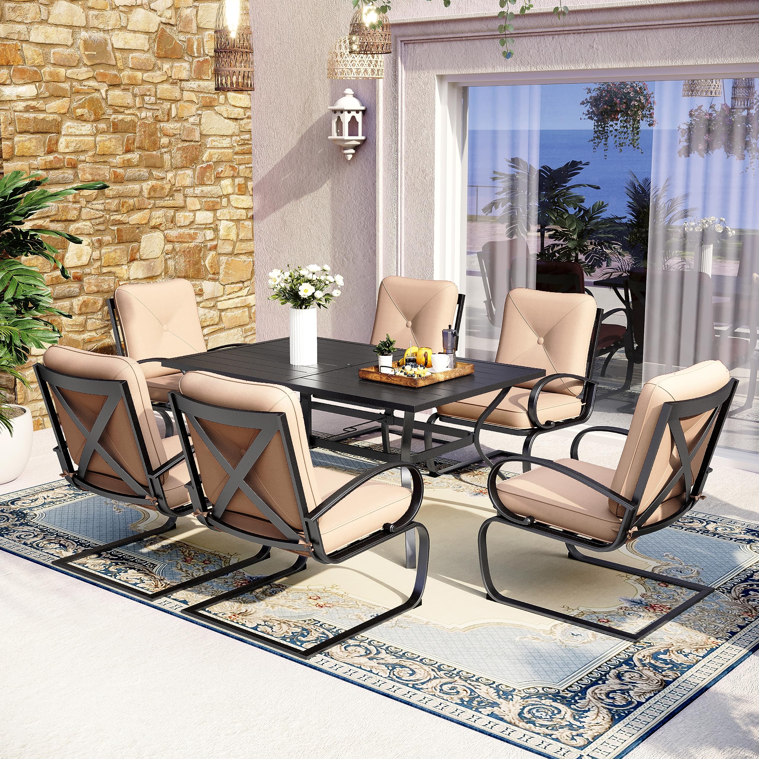 MFSTUDIO 7 Piece Outdoor Patio Dining Set 6 Spring Motion Cushion Chairs, 1 Rectangular Table with 1.57" Umbrella Hole Furniture Sets for Lawn Backyard Garden