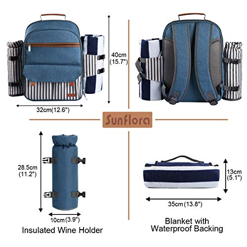 Sunflora Picnic Backpack for 4 Person with Blanket Picnic Basket Set for 2 with Insulated Cooler Wine Pouch for Family Couples (Blue & Stripe)
