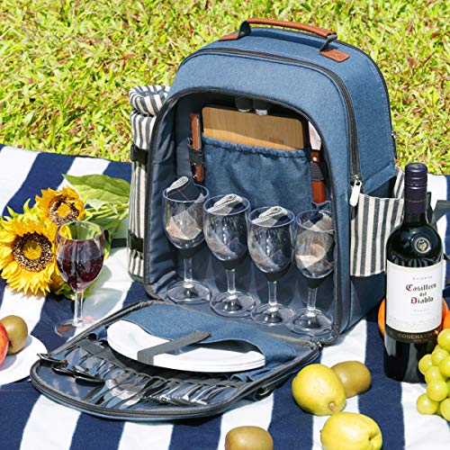 Sunflora Picnic Backpack for 4 Person with Blanket Picnic Basket Set for 2 with Insulated Cooler Wine Pouch for Family Couples (Blue & Stripe)
