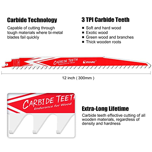 EZARC Carbide Reciprocating Saw Blade R1243HM Endurance for Hard Wood 12-Inch 3TPI, 3-Pack