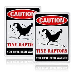 globleland 2pack caution tiny raptors sign aluminum chicken coop signs for farm kitchen rooster hen house decor beware of chicken signs for chicken lady lovers, 7x10inches waterproof