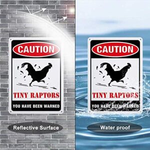 GLOBLELAND 2Pack Caution Tiny Raptors Sign Aluminum Chicken Coop Signs for Farm Kitchen Rooster Hen House Decor Beware of Chicken Signs for Chicken Lady Lovers, 7x10inches Waterproof