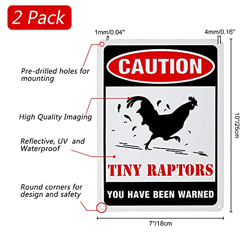 GLOBLELAND 2Pack Caution Tiny Raptors Sign Aluminum Chicken Coop Signs for Farm Kitchen Rooster Hen House Decor Beware of Chicken Signs for Chicken Lady Lovers, 7x10inches Waterproof