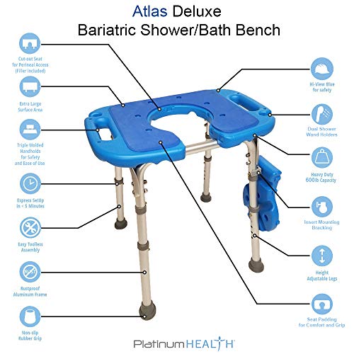 Atlas Deluxe Bariatric Shower/Bath Bench, 600lb. Capacity, Padded with Cutout and Insert. Heavy Duty Shower Chair/Stool with Adjustable Height and XL Seat