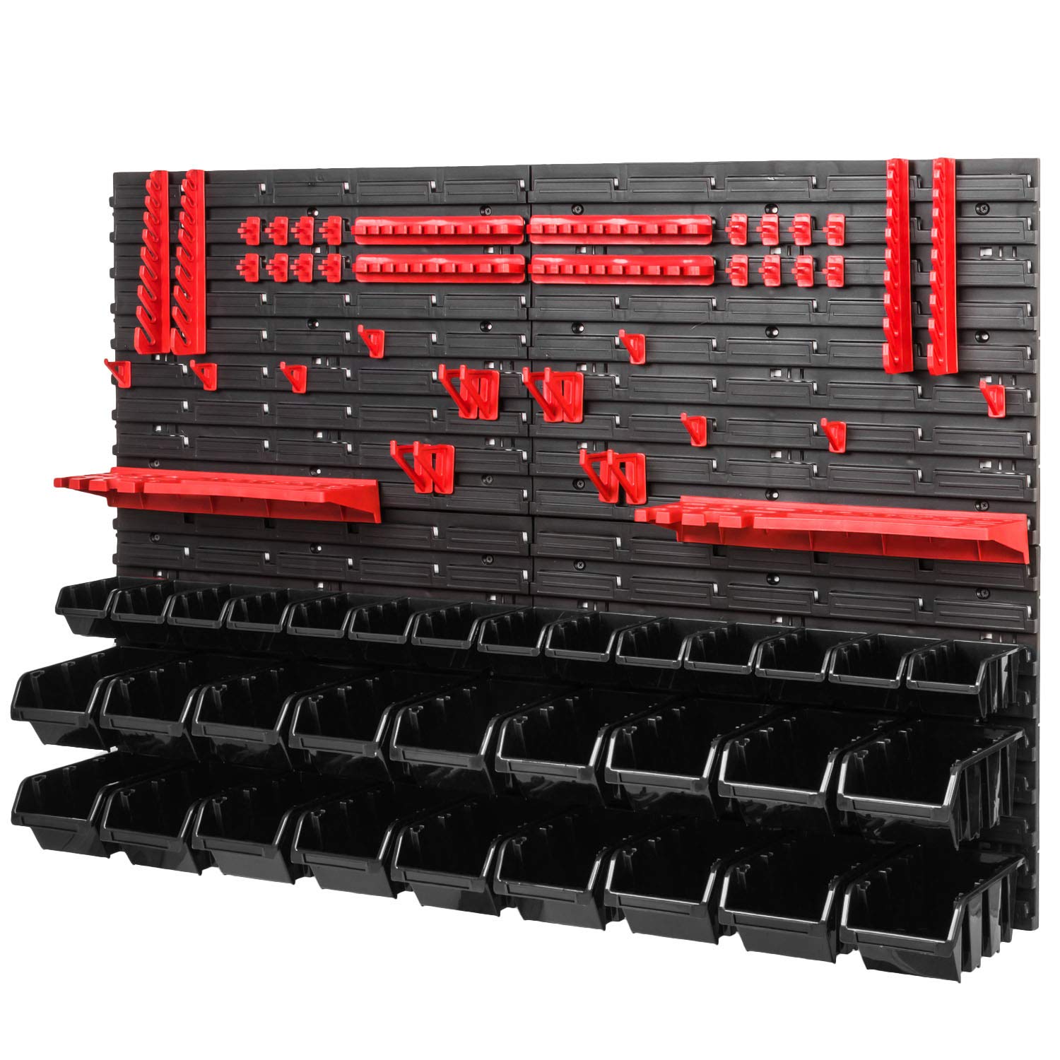 PAFEN Workshop Shelf Storage System - 1152 x 780 mm - Wall Shelf with Black Stacking Boxes, Red Tool Holder - Shed Shelf Wall Plates Extra Strong