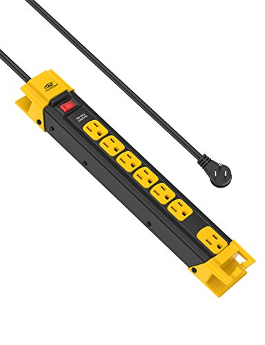 CRST 7-Outlet Heavy Duty Surge Protector Power Strip with Flat Plug, 9 feet Long Extension Cord for Home Garage Industrial Workshop, 1350 Joules, 15A Circuit Breaker