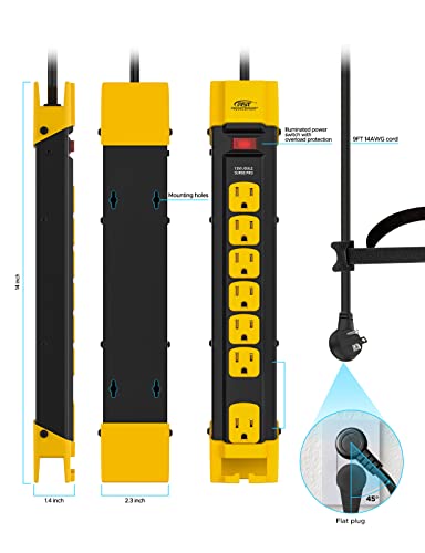 CRST 7-Outlet Heavy Duty Surge Protector Power Strip with Flat Plug, 9 feet Long Extension Cord for Home Garage Industrial Workshop, 1350 Joules, 15A Circuit Breaker