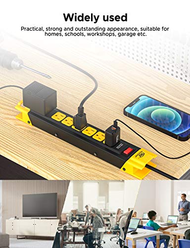 CRST 7-Outlet Heavy Duty Surge Protector Power Strip with Flat Plug, 9 feet Long Extension Cord for Home Garage Industrial Workshop, 1350 Joules, 15A Circuit Breaker