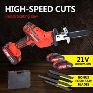 Reciprocating Saw with 2 Batteries, 4 PCS Saw Blades, Ideal for Wood and Metal Cutting, 21V 2000mAh Cordless Saw Electric Saw