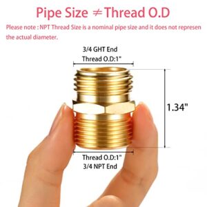 2 Pack 3/4" GHT to 3/4" NPT Male Connector, Brass Garden Hose Fitting, Male Hose Adapter