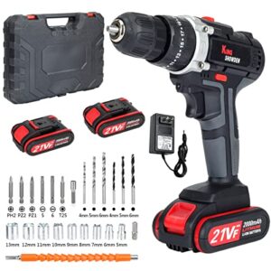 cordless drill driver kit with 2 battery, king showden 21v power drill 50nm 25+3 clutch, 3/8" keyless chuck, variable speed & built-in led electric screw driver for drilling wall, bricks, wood, metal