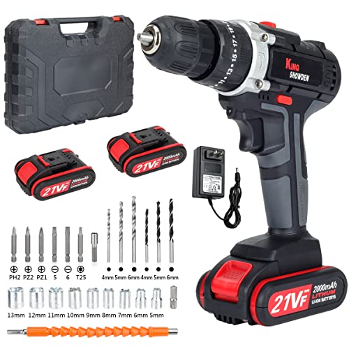 Cordless Drill Driver Kit with 2 battery, King Showden 21V Power Drill 50Nm 25+3 Clutch, 3/8" Keyless Chuck, Variable Speed & Built-in LED Electric Screw Driver for Drilling Wall, Bricks, Wood, Metal