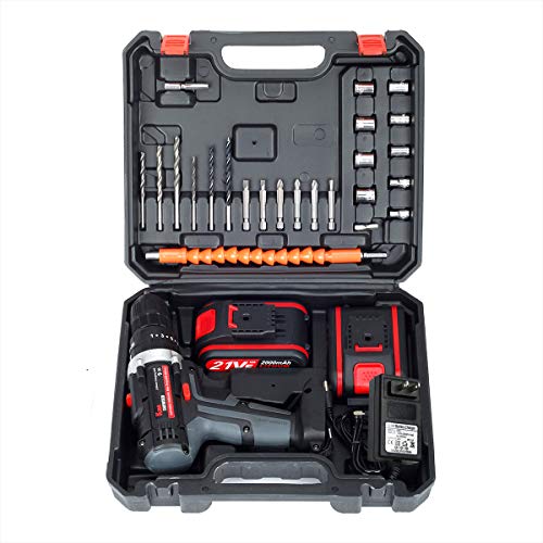 Cordless Drill Driver Kit with 2 battery, King Showden 21V Power Drill 50Nm 25+3 Clutch, 3/8" Keyless Chuck, Variable Speed & Built-in LED Electric Screw Driver for Drilling Wall, Bricks, Wood, Metal