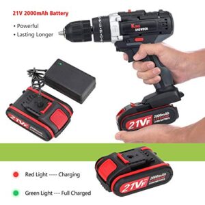 Cordless Drill Driver Kit with 2 battery, King Showden 21V Power Drill 50Nm 25+3 Clutch, 3/8" Keyless Chuck, Variable Speed & Built-in LED Electric Screw Driver for Drilling Wall, Bricks, Wood, Metal