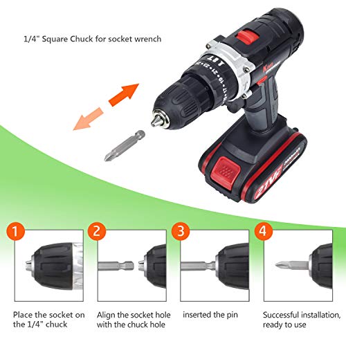 Cordless Drill Driver Kit with 2 battery, King Showden 21V Power Drill 50Nm 25+3 Clutch, 3/8" Keyless Chuck, Variable Speed & Built-in LED Electric Screw Driver for Drilling Wall, Bricks, Wood, Metal