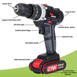 Cordless Drill Driver Kit with 2 battery, King Showden 21V Power Drill 50Nm 25+3 Clutch, 3/8" Keyless Chuck, Variable Speed & Built-in LED Electric Screw Driver for Drilling Wall, Bricks, Wood, Metal