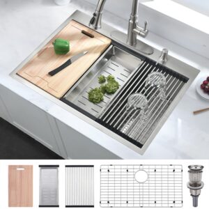 boomhoze 33-inch kitchen sinks, 33x22 drop in kitchen sink 304 stainless steel sink single bowl top mount workstation kitchen sink 16 gauge handmade deep kitchen sink with cutting board