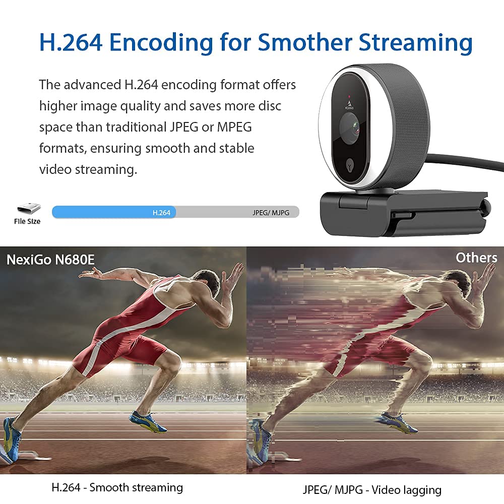 NexiGo N680E 1080P Webcam with Ring Light, Privacy Cover and Dual Microphone, Advanced Auto-Focus, Adjustable Brightness, Streaming Web Camera for Zoom Skype Facetime, PC Mac Laptop Desktop