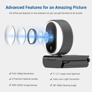 NexiGo N680E 1080P Webcam with Ring Light, Privacy Cover and Dual Microphone, Advanced Auto-Focus, Adjustable Brightness, Streaming Web Camera for Zoom Skype Facetime, PC Mac Laptop Desktop