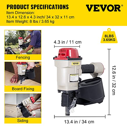 VEVOR Coil Siding Nailer CN70, 1-3/4-inch to 2-3/4-inch 15 Degree Pneumatic Siding Nail Gun for Siding Sheathing Wooding Fencing Decking