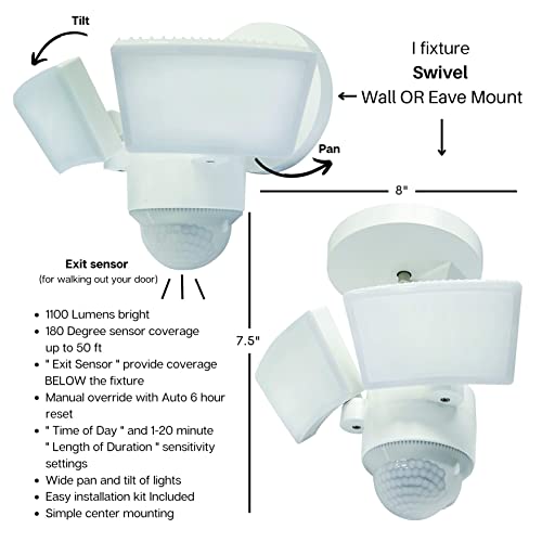 IQ America Motion Security Flood Light Eave/Soffit or Wall Universal Mount 1100 Lumen LED Outdoor Weatherproof Adjustable Motion Sensor, 180° 50' Detection, Yard Barn Shed Attic Workshop Garage WH