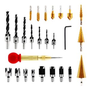 wichemi 26-pack woodworking chamfer drilling tools - 6 countersink drill bits, 7 three pointed countersink drill bit with l-wrench, 8 wood plug cutter, 3 step drill bit, and automatic center punch