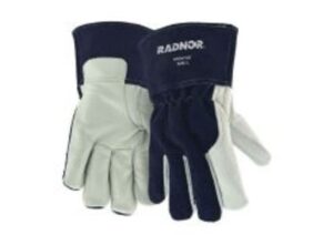 radnor large 11 1/2" navy blue and white premium grain cowhide/goatskin fleece lined mig welders gloves (1 pair)