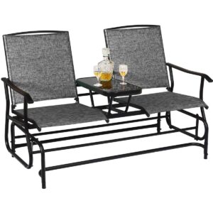 giantex patio bench glider chair with metal frame, center tempered glass table, outside double rocking swing loveseat for porch, garden, poolside, balcony, lawn rocker outdoor glider bench(gray)