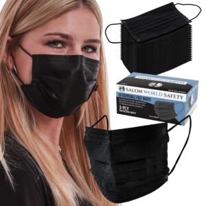 TCP Global Salon World Safety - Sealed Dispenser Box of 50 Black Face Masks Breathable Disposable 3-Ply Protective PPE with Nose Clip and Ear Loops