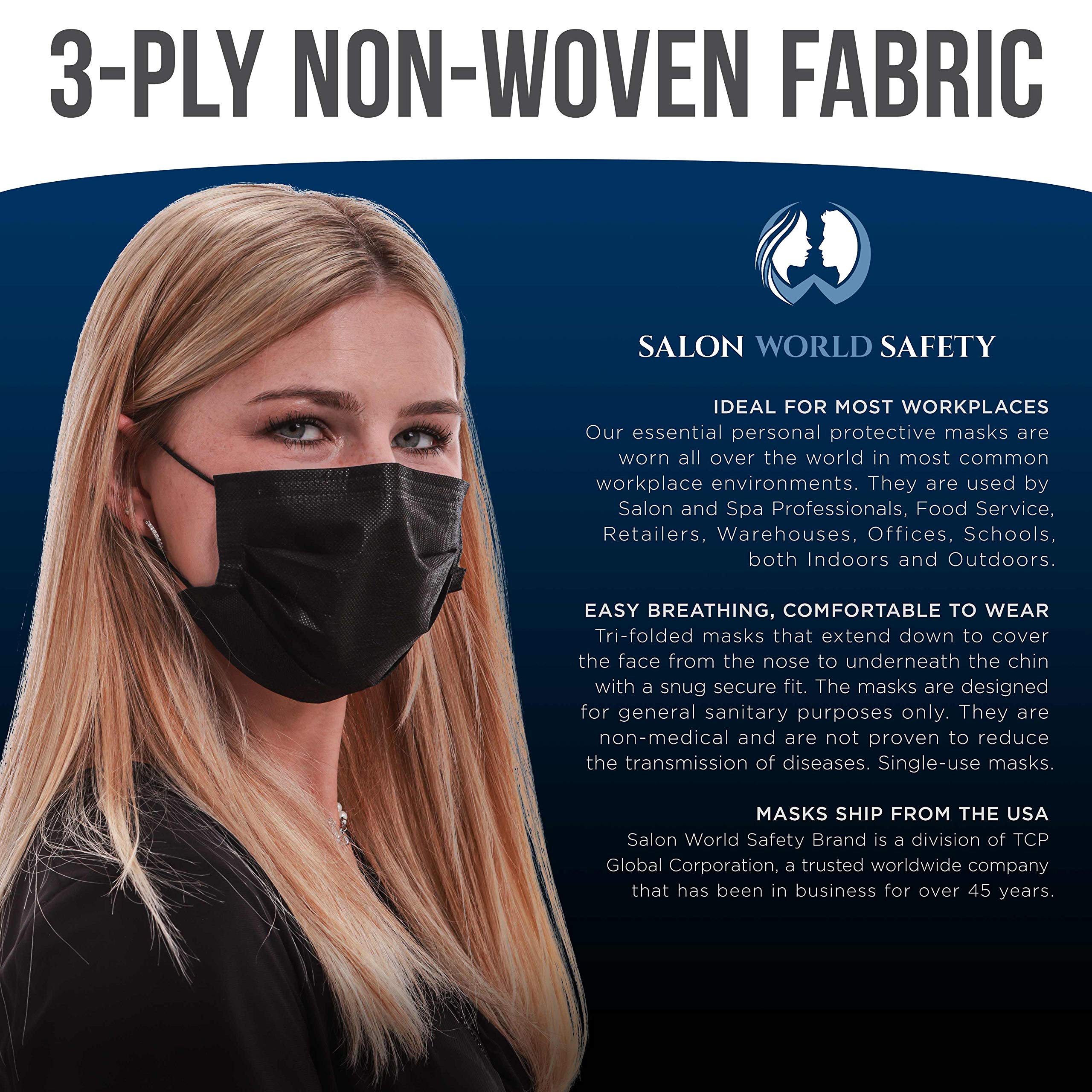 TCP Global Salon World Safety - Sealed Dispenser Box of 50 Black Face Masks Breathable Disposable 3-Ply Protective PPE with Nose Clip and Ear Loops
