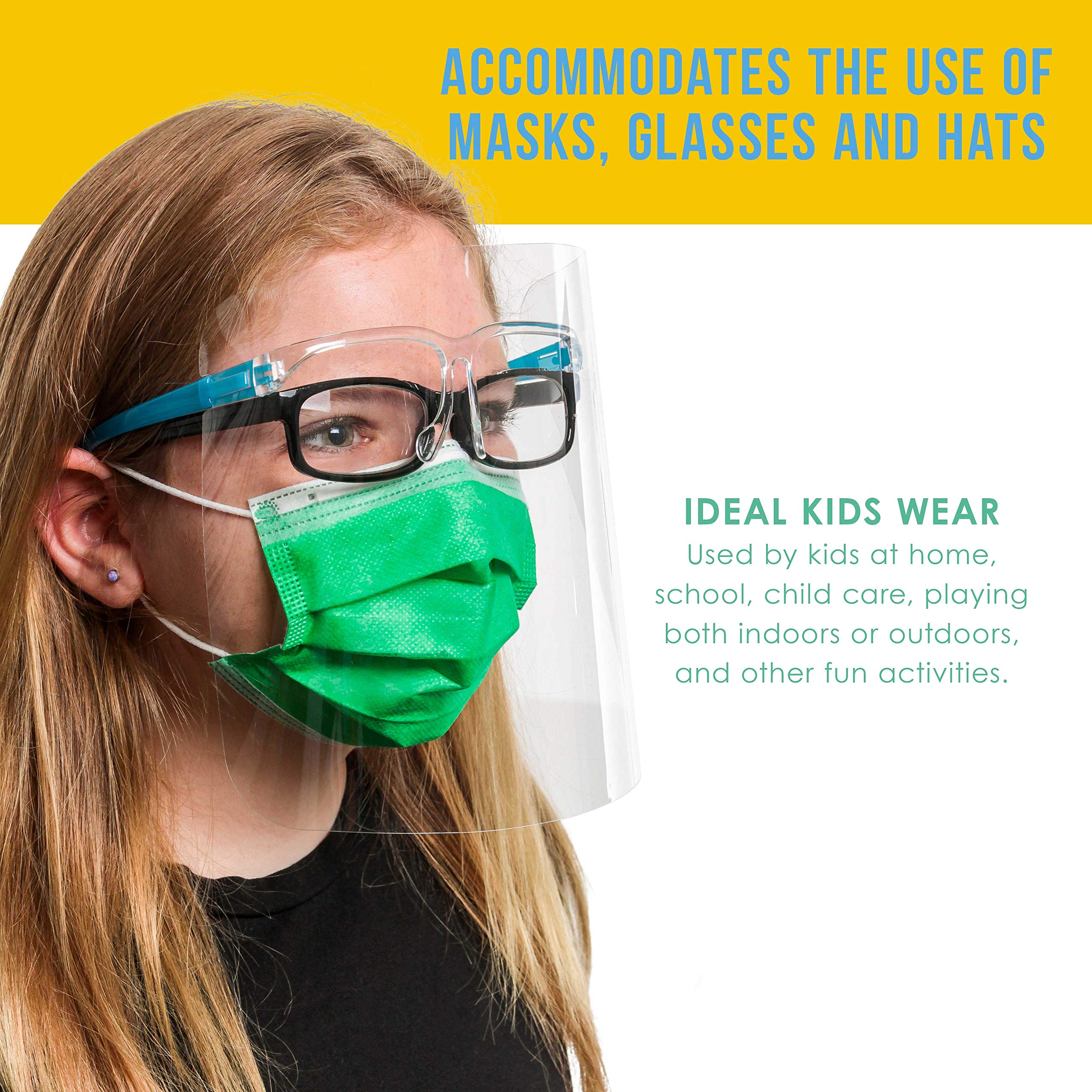 TCP Global Salon World Safety Kids Face Shields with Glasses Frames (Pack of 10) - 5 Colors, 2 Each - Protective Children's Full Face Shields to Protect Eyes, Nose, Mouth - Anti-Fog PET Plastic Goggle