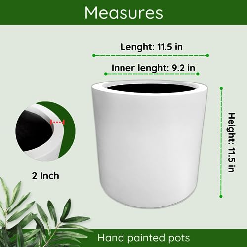 Elly Decor 11.5-inch Cylinder Pot, fiberstone Handmade by artisans, with Drainage Hole and Plug, Outdoor and Indoors Planter, Lightweight, Hand-Painted, Matte White