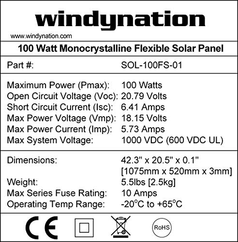 WindyNation 100W 100 Watt 12V Flexible Thin Lightweight Monocrystalline Solar Panel Battery Charger for RV, Boat, Cabin, Off-Grid Applications