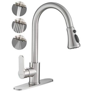buruwo brass kitchen faucet with 3 modes sprayer, single handle 1 or 3 hole modern kitchen faucet brushed nickel, pull down kitchen sink faucet for farmhouse rv bar laundry
